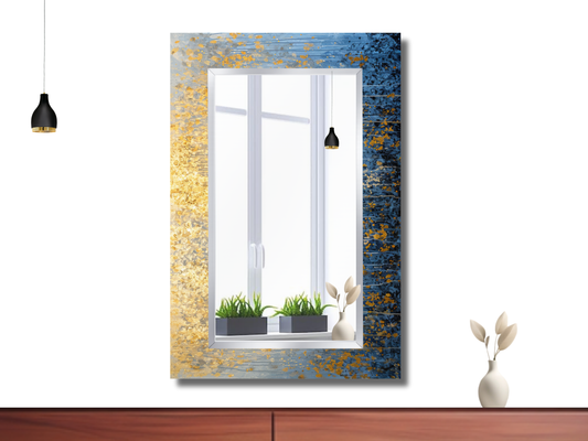 Gold Mavi Mermer Desenli Ayna - Modern Tasarım Ayna - Banyo Aynası - Minimalist Boy Aynası