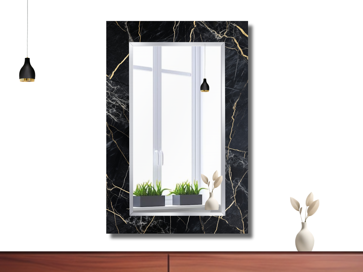 Siyah Mermer Desenli Ayna - Modern Tasarım Boy Aynası - Banyo Aynası - Makyaj Masası Aynası