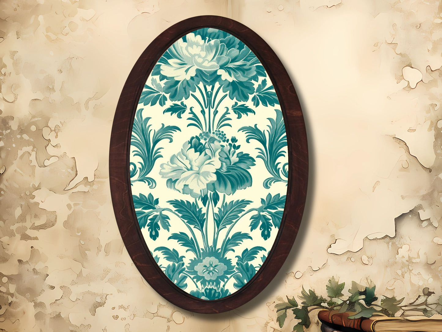 Vintage Güllü Çiçek Deseni Ahşap Tablo – Klasik Oval Duvar Dekoru - Dekoratif Duvar Tablosu
