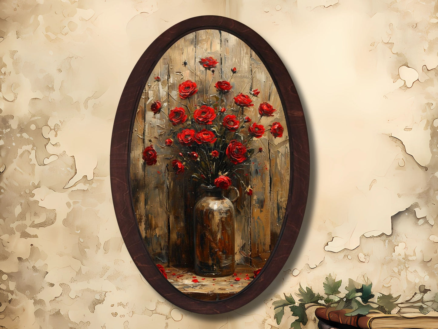 Rustik Ahşap Gül Tablosu - Vintage Oval Duvar Tablosu - Ev Ofis Dekoru