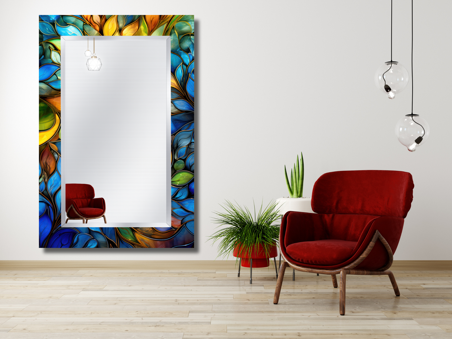 Renkli Vitray Desenli Ayna - Dekoratif Ayna - Boy Aynası - Banyo Aynası - Ev Ofis Dekoru