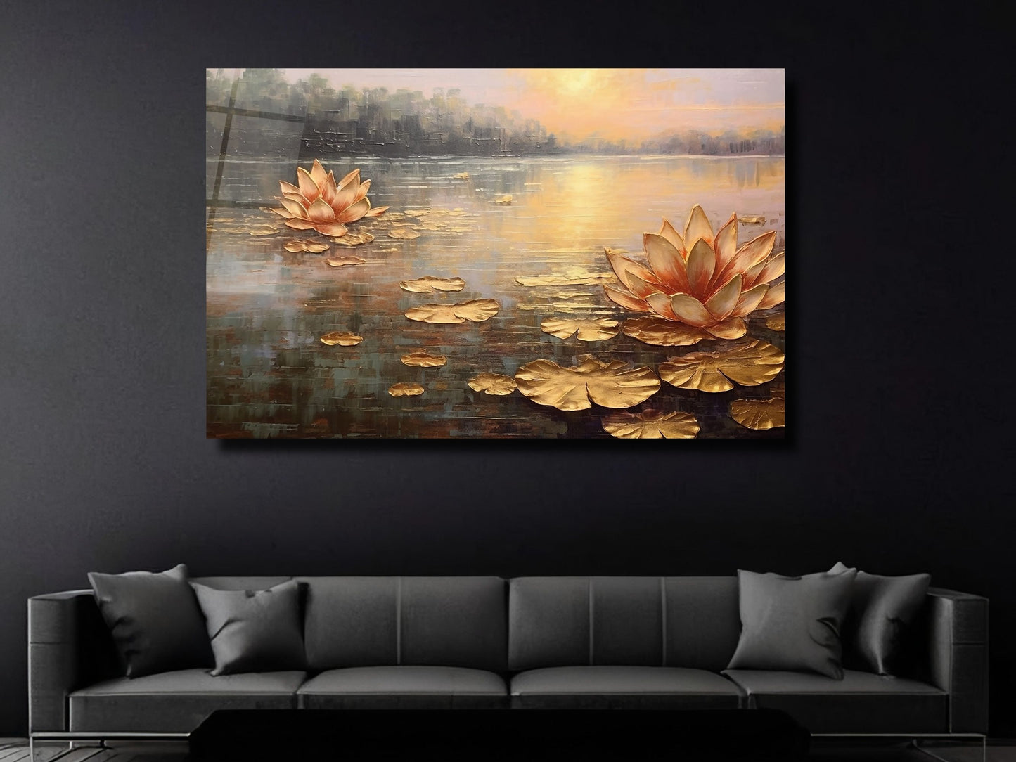 Gold Lotus Cam Tablo - Dekoratif Tablo