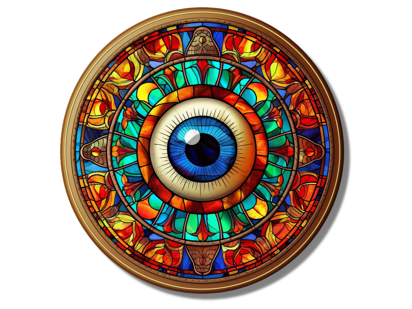 Göz ve Mandala Desenli Vitray Cam Tablo – Spiritüel Sanat - Yuvarlak Renkli Duvar Dekoru