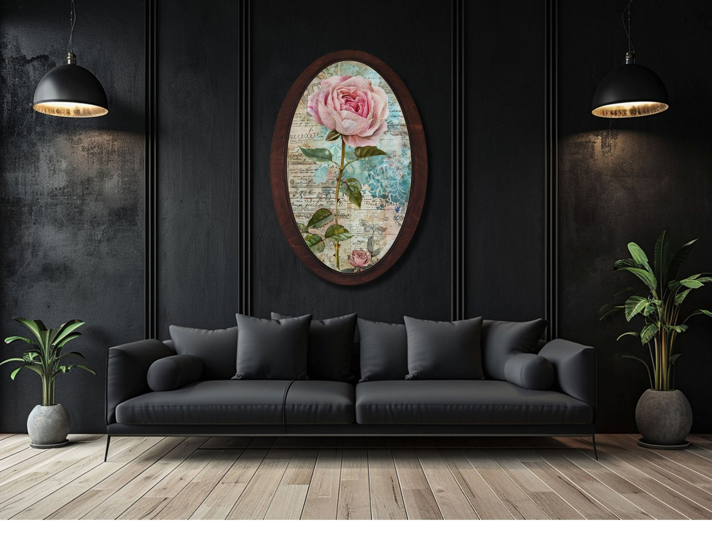Retro Stil Çiçek Desenli Oval Ahşap Tablo – Klasik Oval Duvar Dekoru - Nostaljik Dekoratif Duvar Tablosu