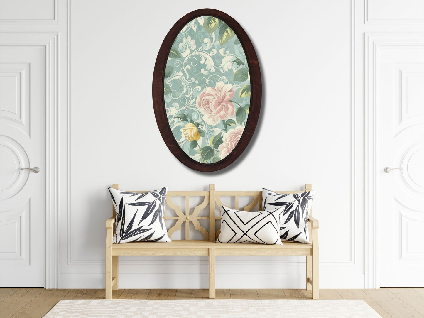 Retro Stil Dekoratif Oval Ahşap Tablo – Klasik Oval Duvar Dekoru - Çiçek Motifli Dekoratif Duvar Tablosu