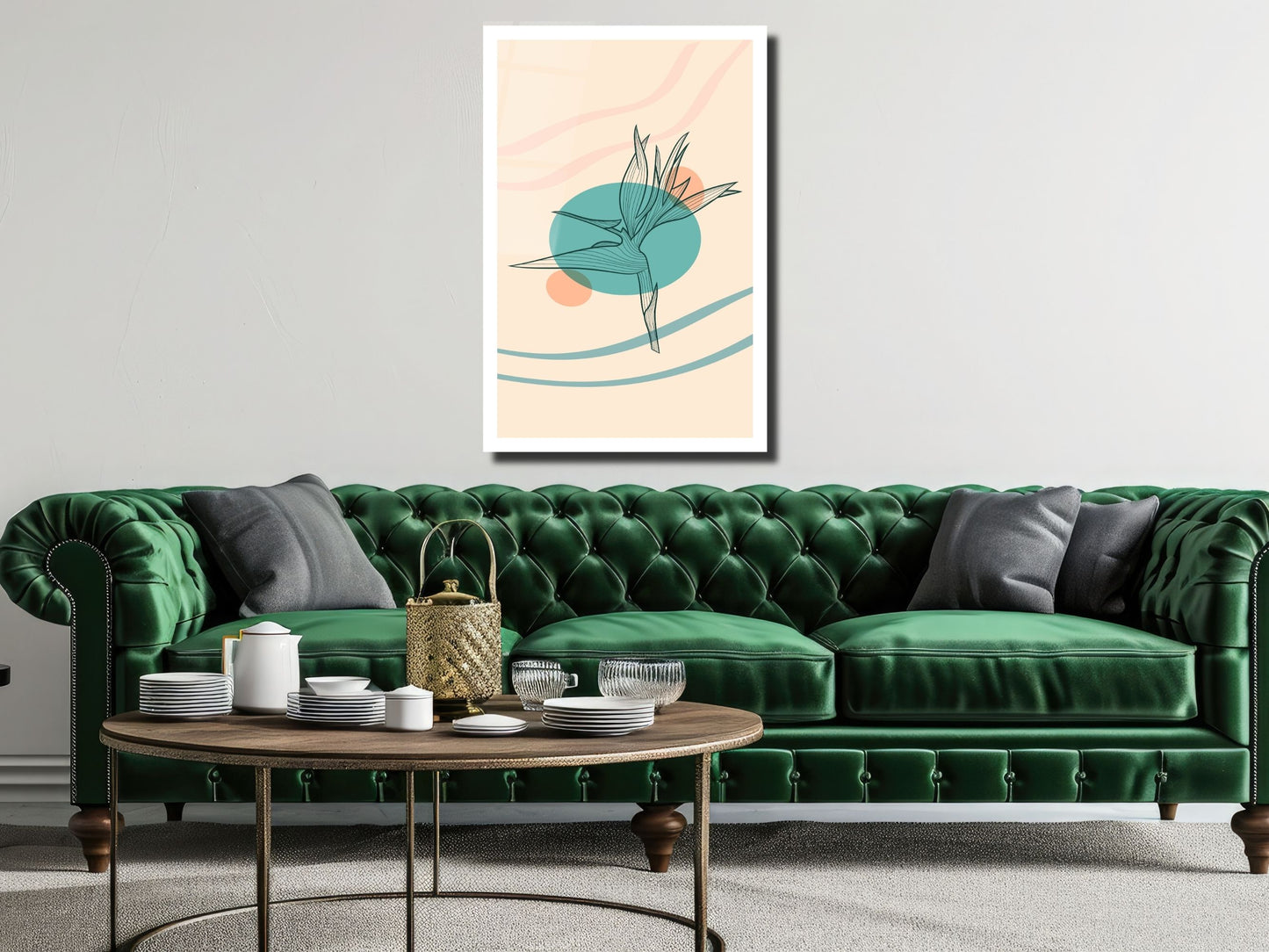 Minimalist Kuş Cenneti Çiçeği Cam Tablo – Çizgisel Botanik Duvar Dekoru – Pastel Renkli Modern Sanat