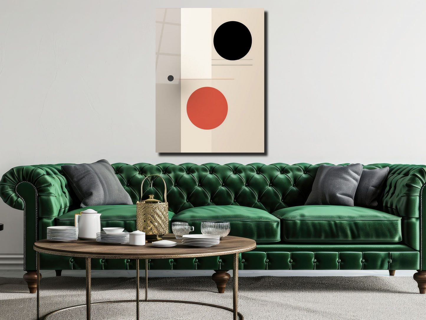 Siyah & Kiremit Renkli Daireler Cam Tablo – Minimalist Ev Dekoru