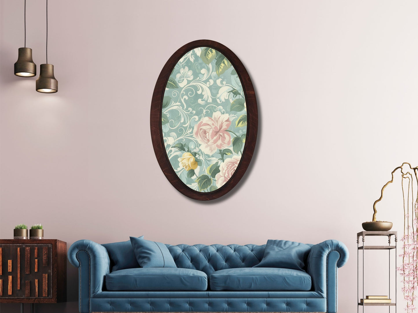 Retro Stil Dekoratif Oval Ahşap Tablo – Klasik Oval Duvar Dekoru - Çiçek Motifli Dekoratif Duvar Tablosu