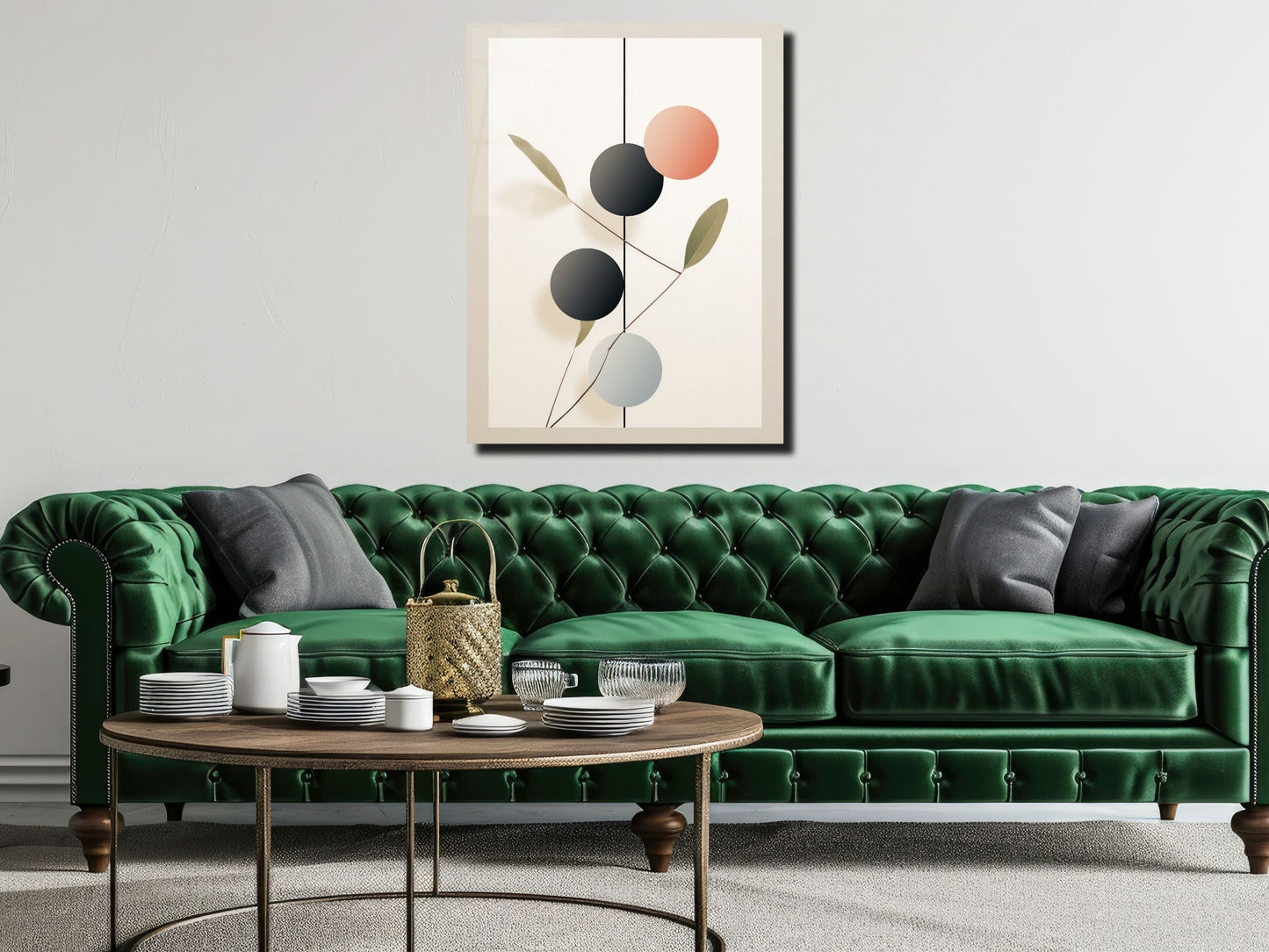 Minimalist Doğa Temalı Cam Tablo – Geometrik Bitki Desenli Duvar Dekoru