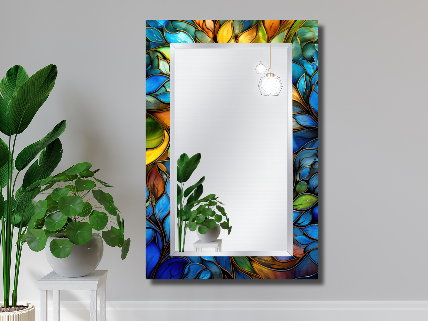 Renkli Vitray Desenli Ayna - Dekoratif Ayna - Boy Aynası - Banyo Aynası - Ev Ofis Dekoru
