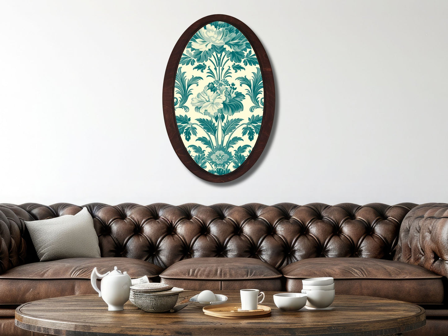 Vintage Güllü Çiçek Deseni Ahşap Tablo – Klasik Oval Duvar Dekoru - Dekoratif Duvar Tablosu