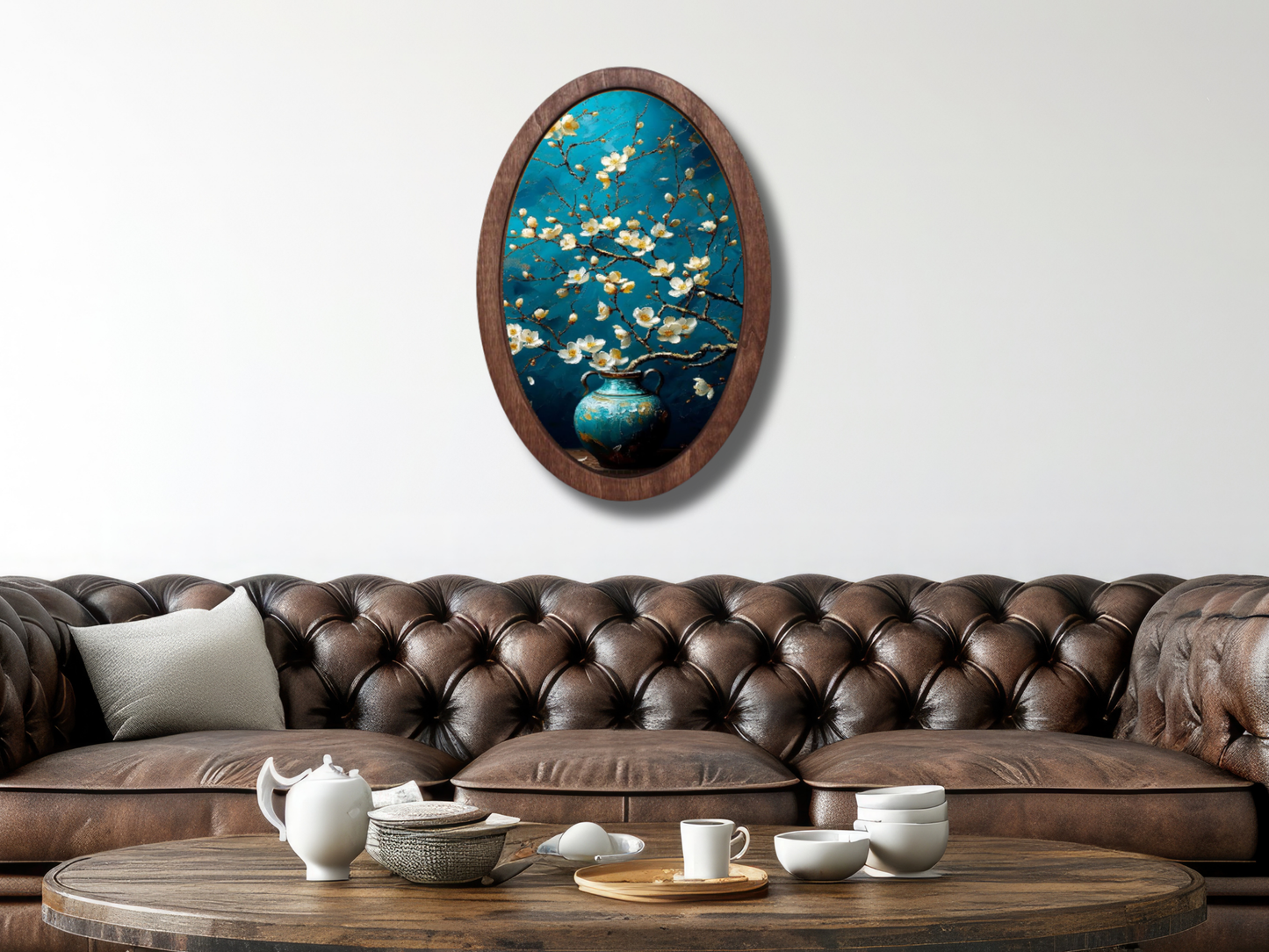 Beyaz Çiçekli Ahşap Tablo – Klasik Stil Oval Duvar Dekoru - Dekoratif Duvar Tablosu