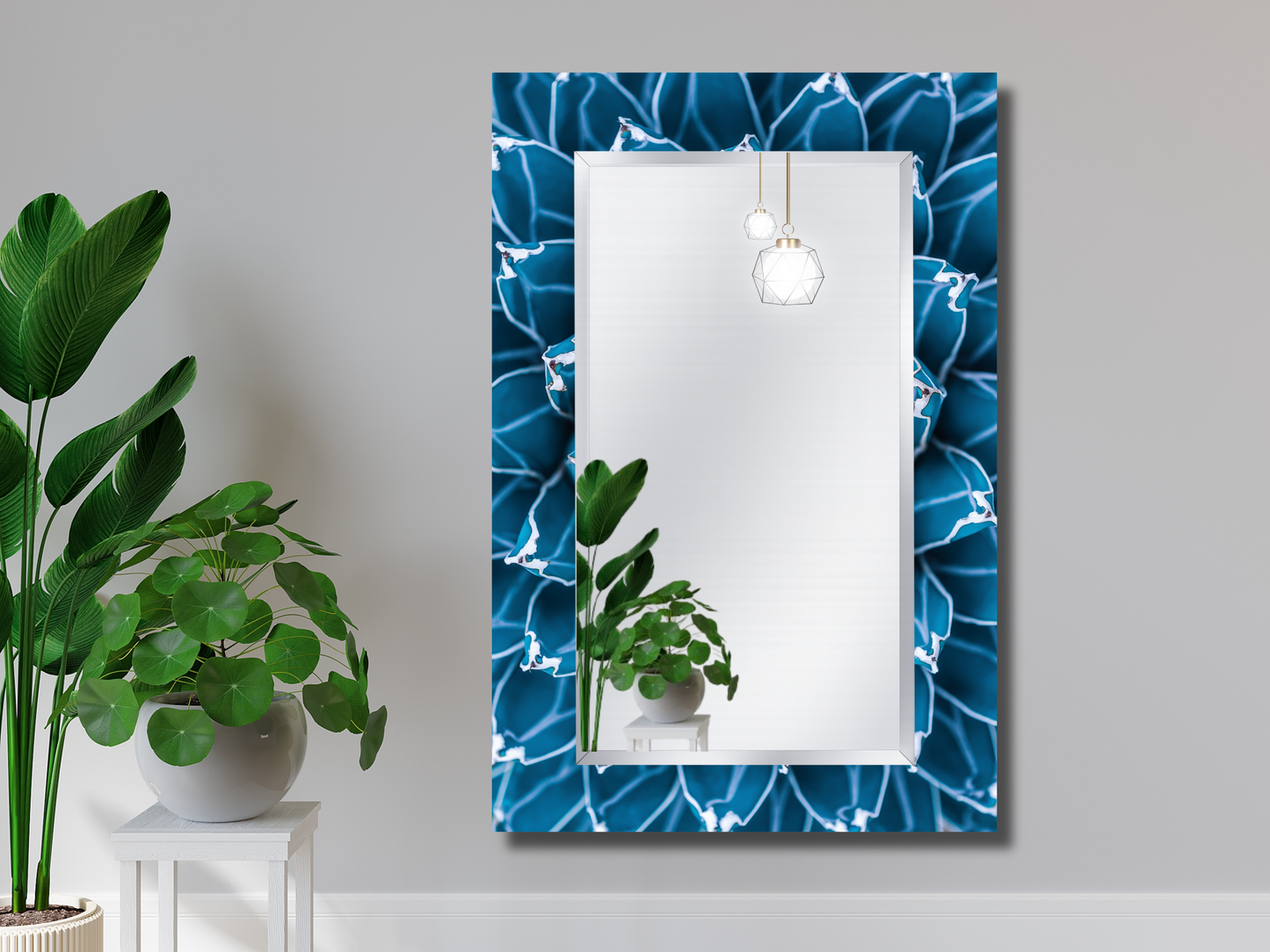 Mavi Kaktüs Desenli Ayna - Modern Tasarım Boy Aynası - Banyo Aynası - Yatak Odası Aynası