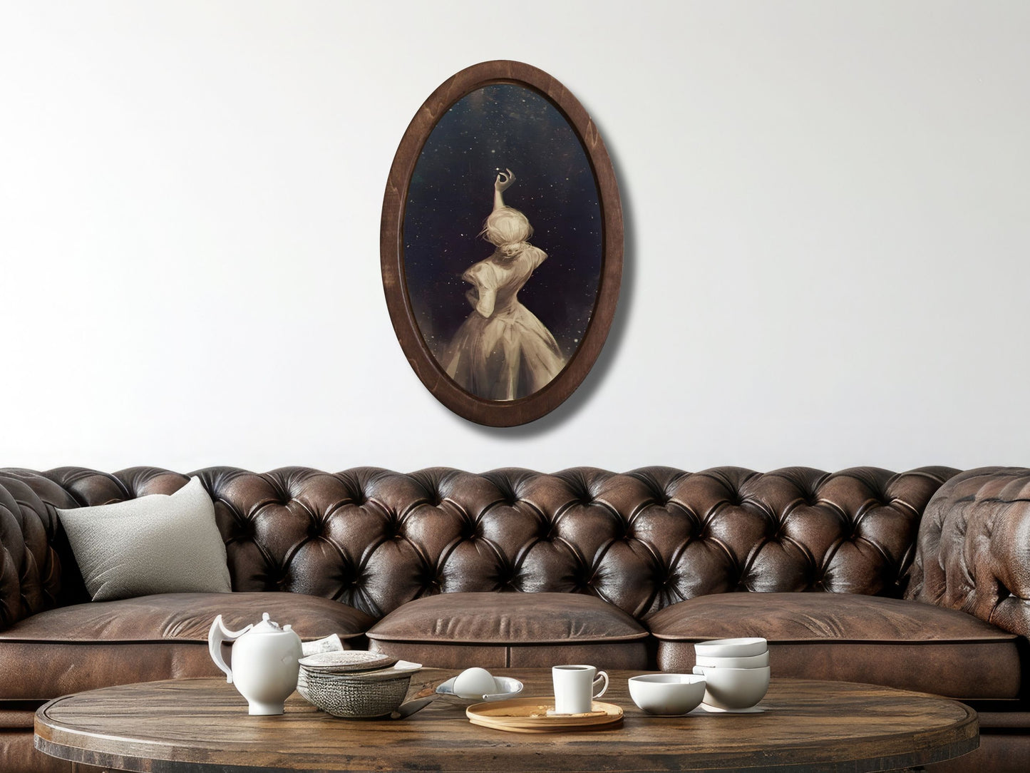 Yıldızlara Uzanan Kadın Figürlü Ahşap Tablo – Vintage Stil Oval Duvar Dekoru - Ev Ofis Dekoru