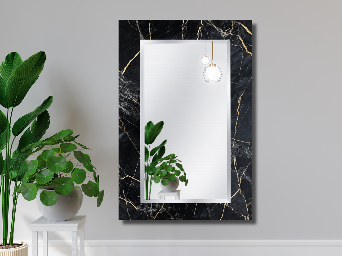 Siyah Mermer Desenli Ayna - Modern Tasarım Boy Aynası - Banyo Aynası - Makyaj Masası Aynası