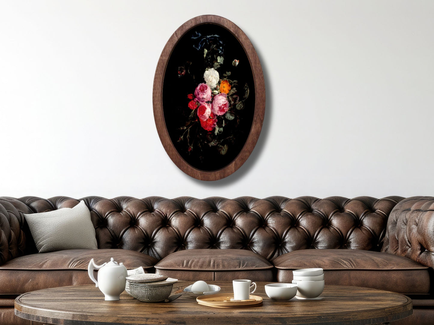 Vintage Çiçek Ahşap Tablo – Barok&Klasik Stil Oval Duvar Dekoru