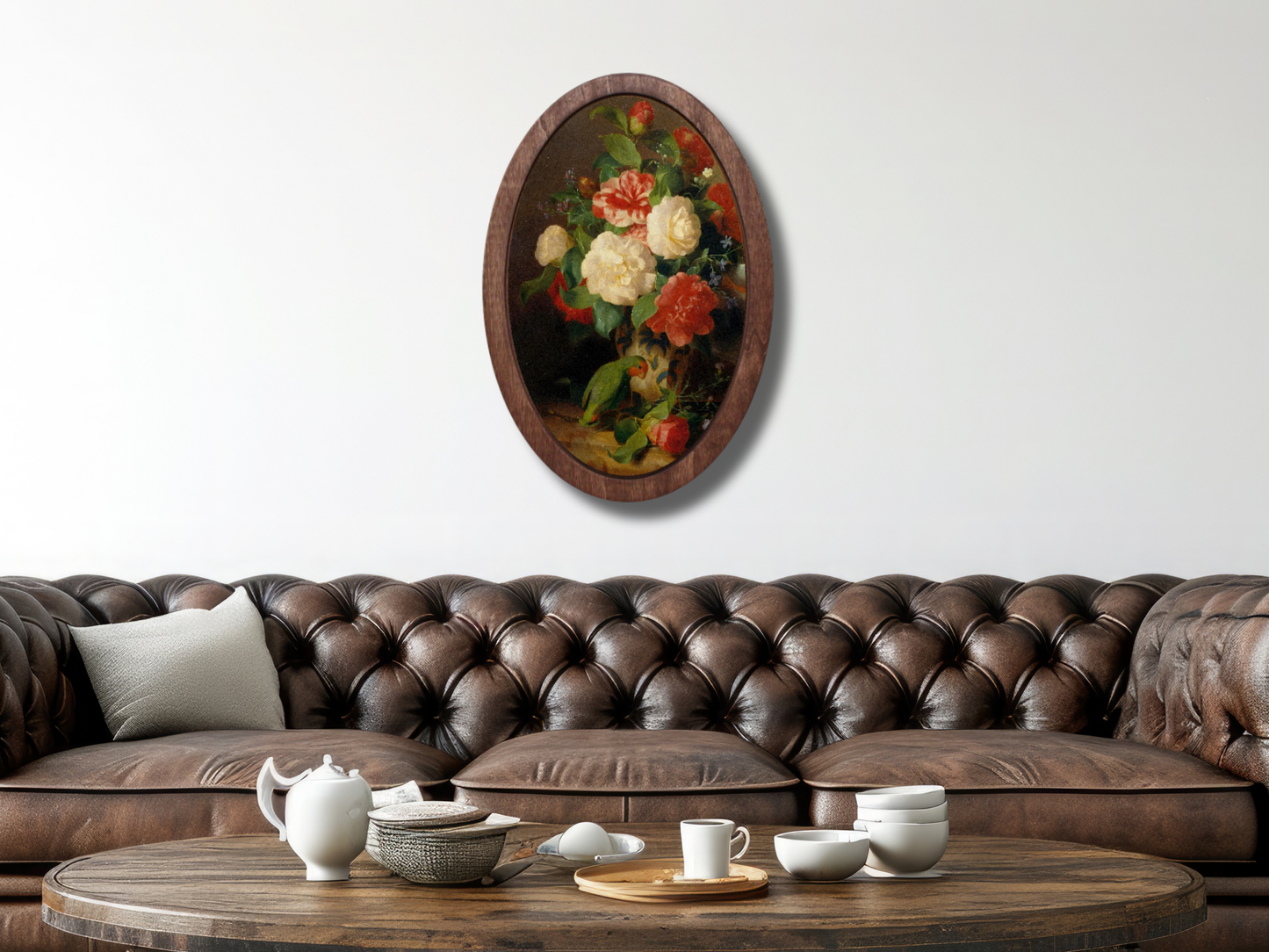 Vintage Çiçek Ahşap Tablo – Klasik Oval Duvar Dekoru - Dekoratif Duvar Tablosu