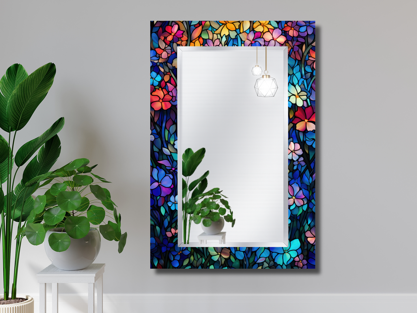 Çiçek Vitray Desenli Ayna - Modern Dekoratif Ayna - Boy Aynası - Banyo Aynası - Ev Duvar Dekorasyonu