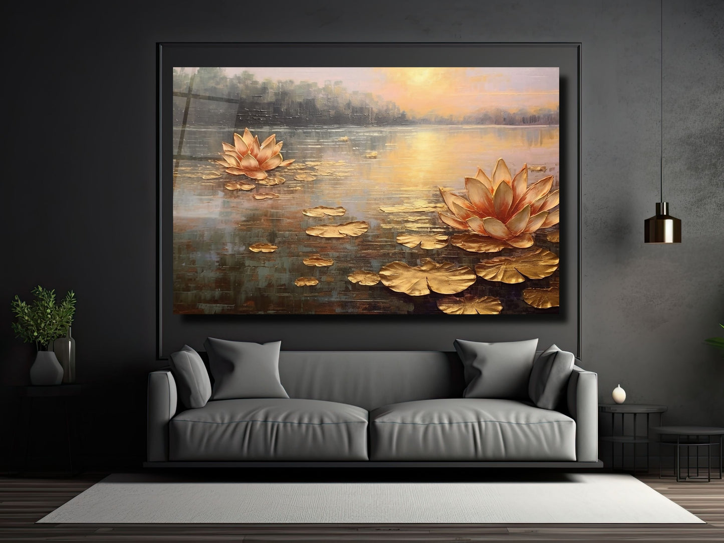 Gold Lotus Cam Tablo - Dekoratif Tablo