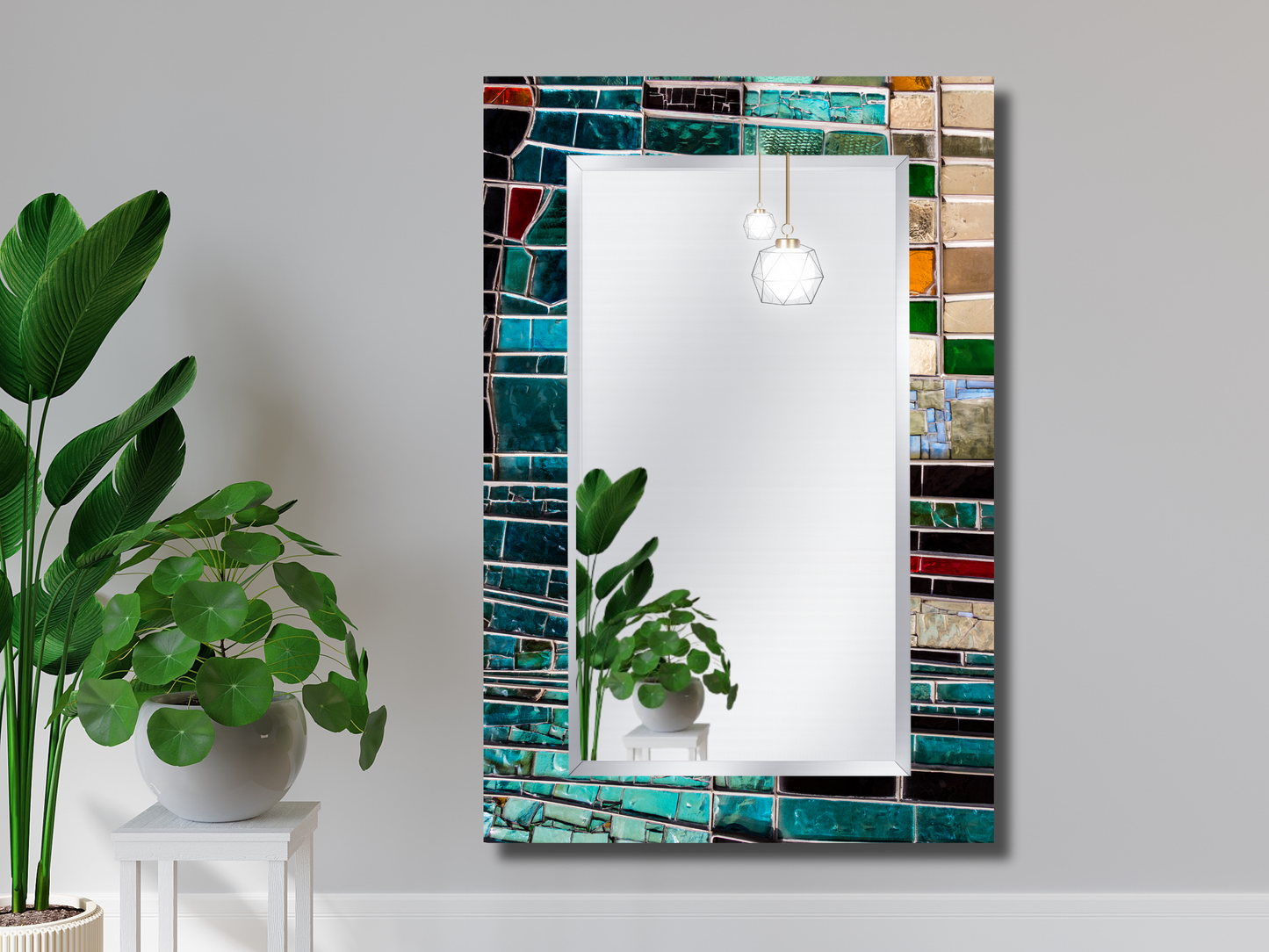 Renkli Vitray Desenli Ayna - Modern Tasarım Boy Aynası - Banyo Aynası - Çerçevesiz Ayna