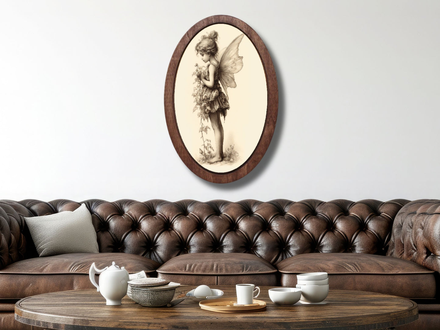 Peri Kız Figürlü Ahşap Tablo – Masalsı & Fantastik Stil Oval Duvar Dekoru