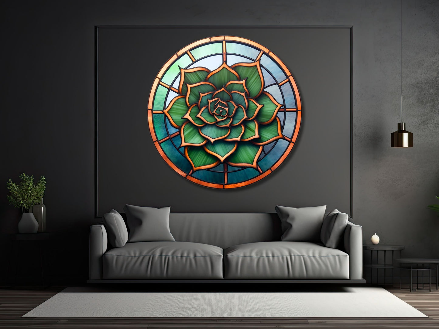 Lotus Vitray Stil Yuvarlak Cam Tablo – Modern Duvar Dekoru