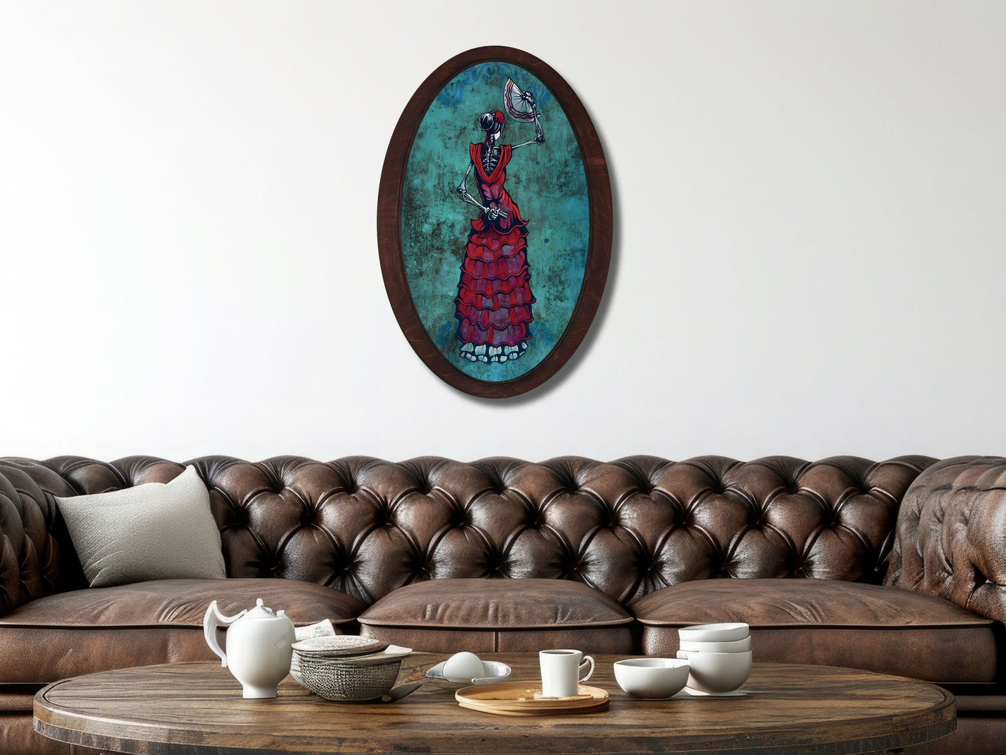 İskelet Kadın Gotik Stil Ahşap Tablo – Meksika Esintili Oval Duvar Dekoru - Vintage Ev Ofis Dekoru