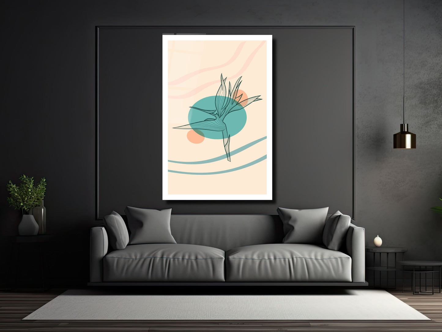 Minimalist Kuş Cenneti Çiçeği Cam Tablo – Çizgisel Botanik Duvar Dekoru – Pastel Renkli Modern Sanat