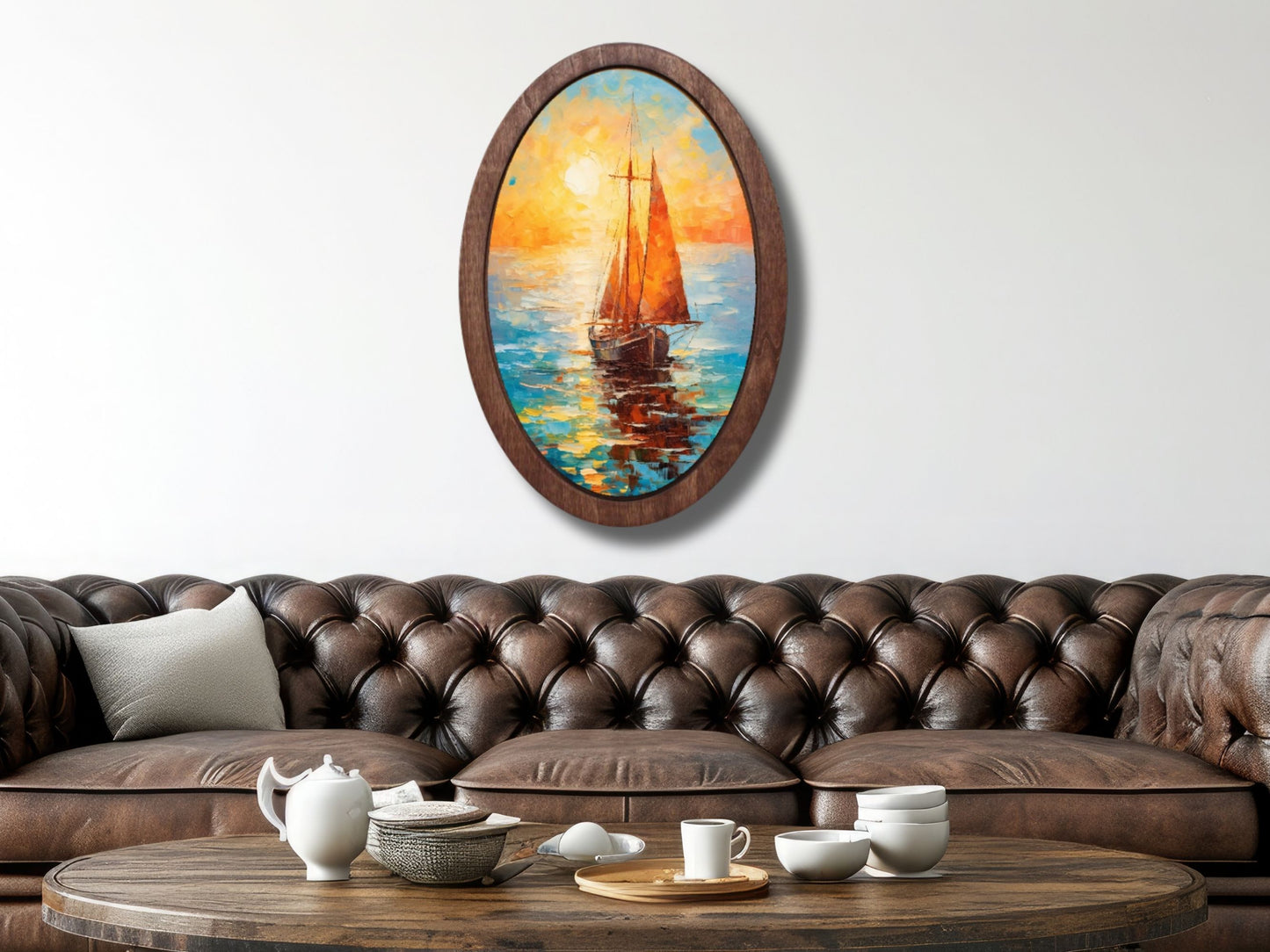 Gün Batımında Yelkenli Ahşap Tablo – Soyut & Deniz Temalı Modern Oval Duvar Dekoru
