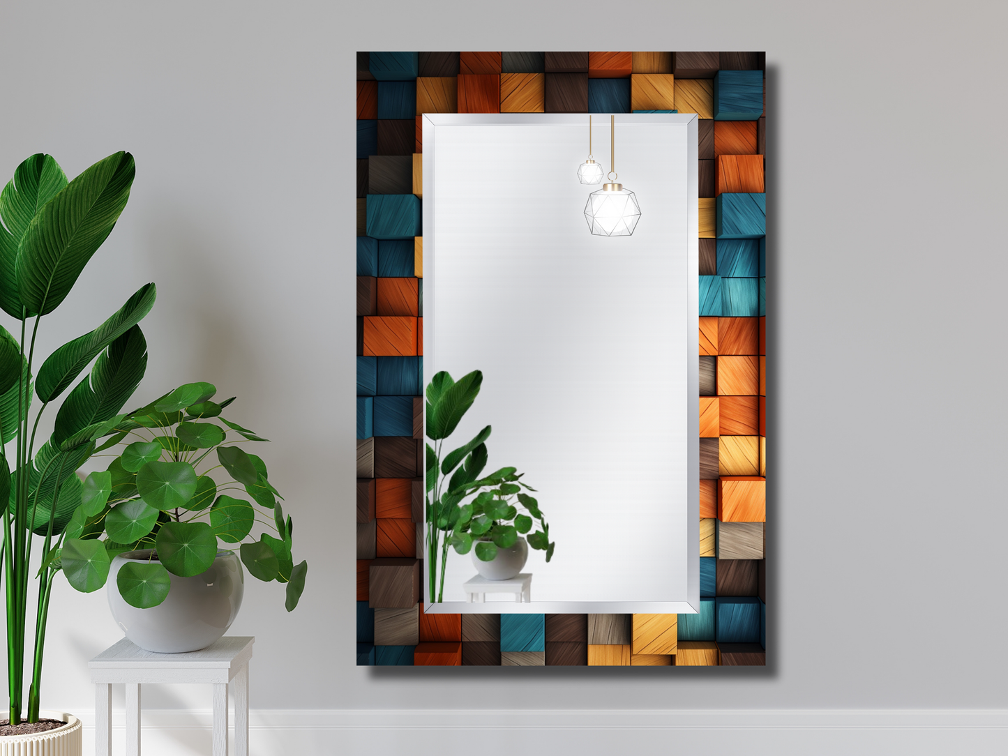 Renkli Desenli Ayna - Ahşap Görünümlü 3D Tasarım Ayna - Banyo Aynası - Antre&Hol Aynası