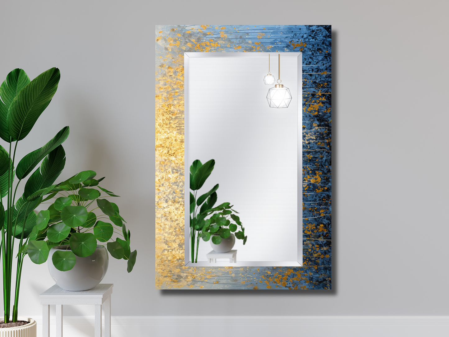 Gold Mavi Mermer Desenli Ayna - Modern Tasarım Ayna - Banyo Aynası - Minimalist Boy Aynası