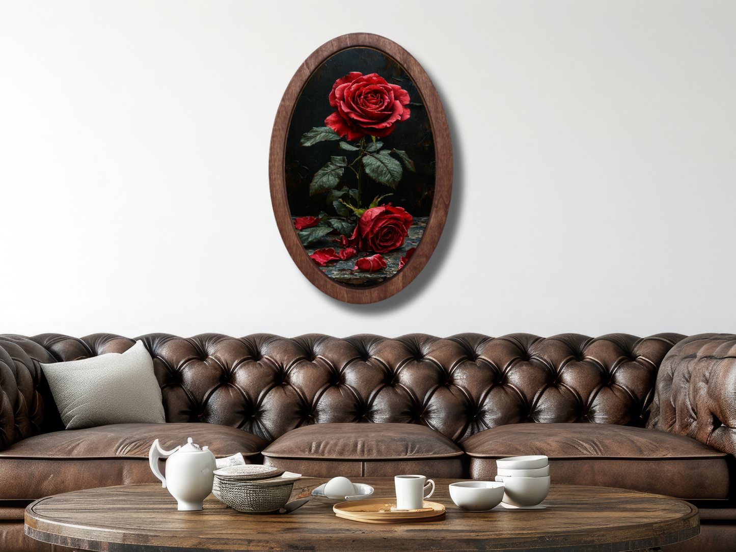 Vintage Kırmızı Gül Ahşap Tablo – Klasik Stil Oval Duvar Dekoru