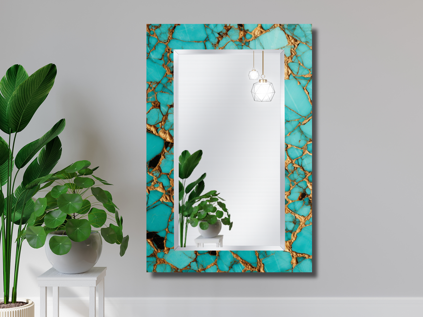 Dekoratif Turkuaz Mermer Desenli Ayna - Modern Tasarım Ayna - Banyo Aynası - Minimalist Boy Aynası