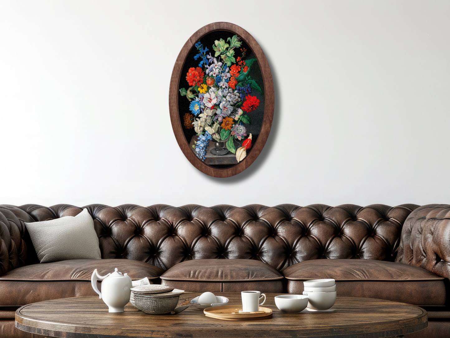 Vintage Stil Çiçek Ahşap Tablo – Klasik Oval Duvar Dekoru - Bohem Dekoratif Duvar Tablo