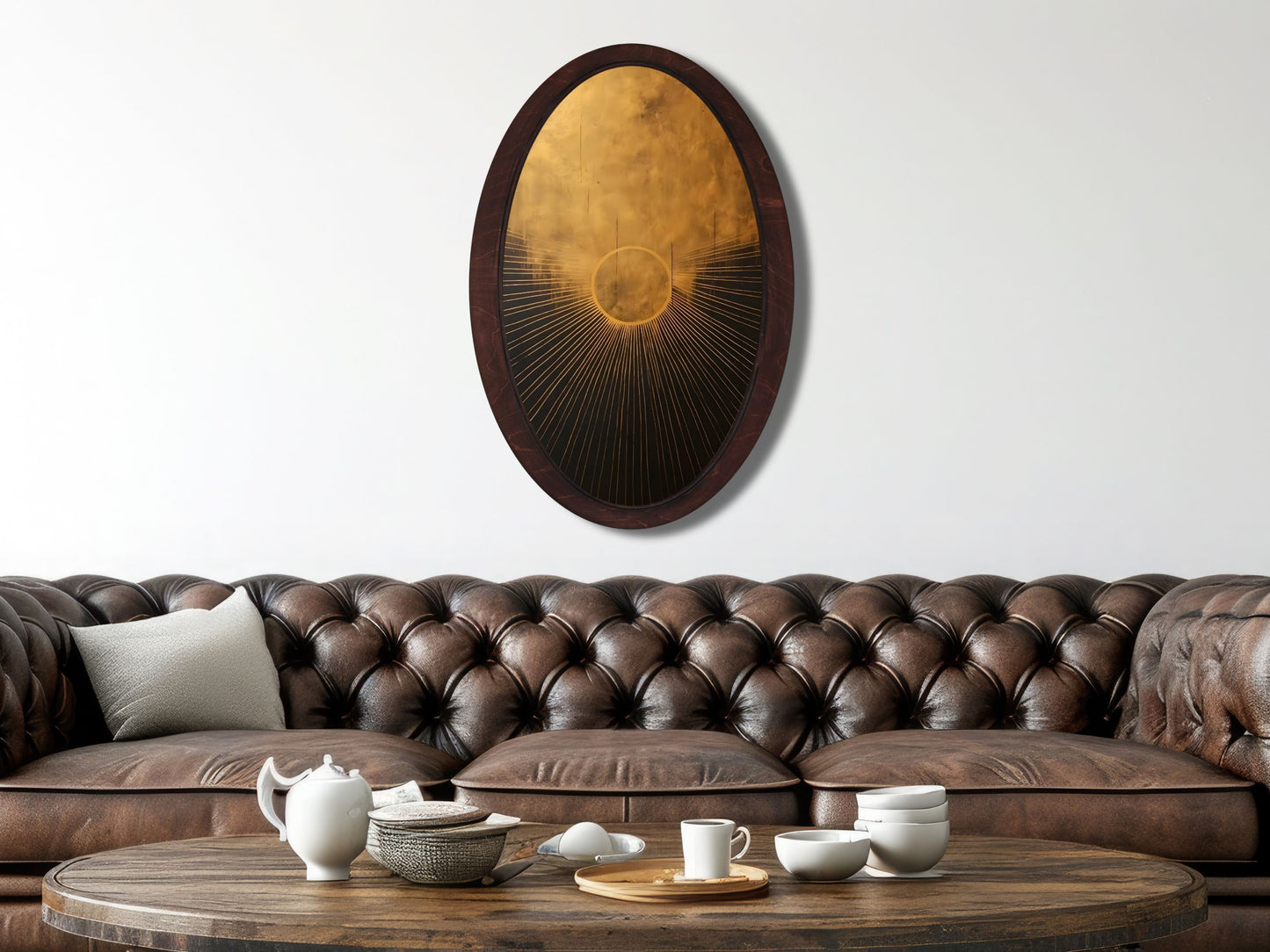 Altın Güneş Soyut Tasarım Oval Ahşap Tablo - Modern Spiritüel Duvar Dekoru