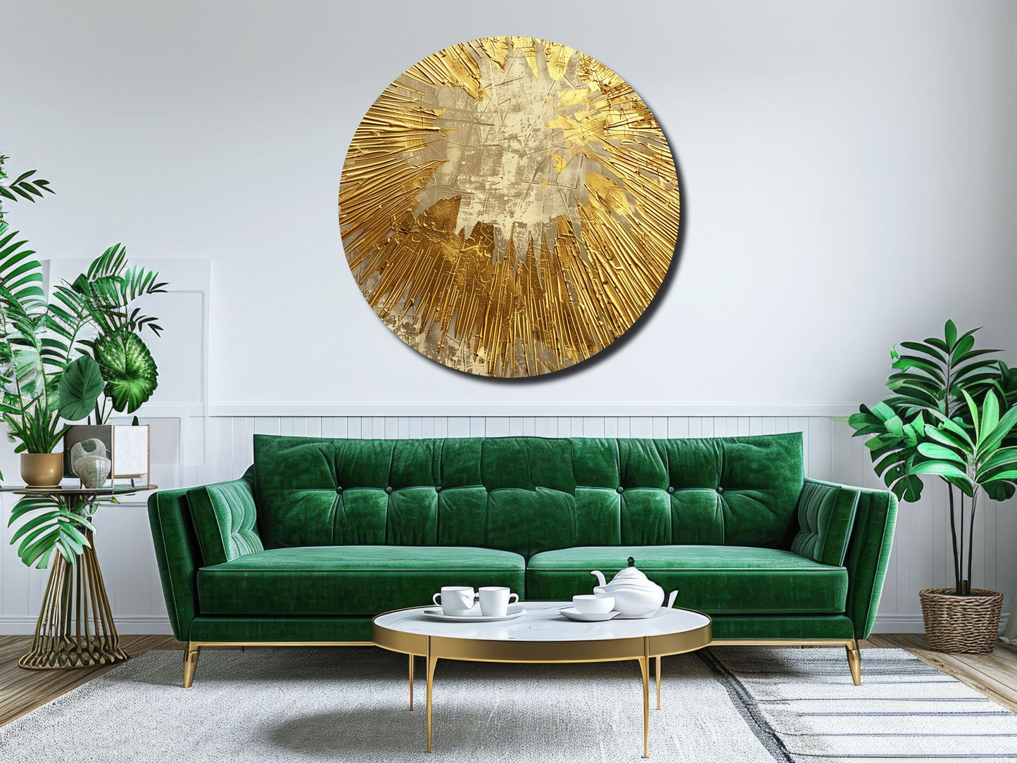 Gold Patlama Efektli Soyut Cam Tablo – Modern Yuvarlak Dekoratif Tasarım Tablo