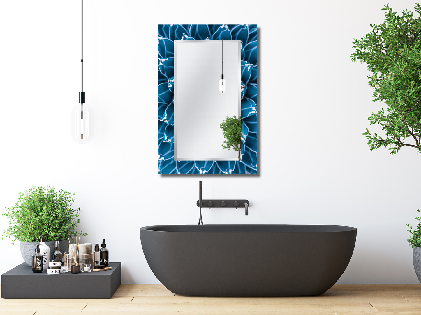 Mavi Kaktüs Desenli Ayna - Modern Tasarım Boy Aynası - Banyo Aynası - Yatak Odası Aynası