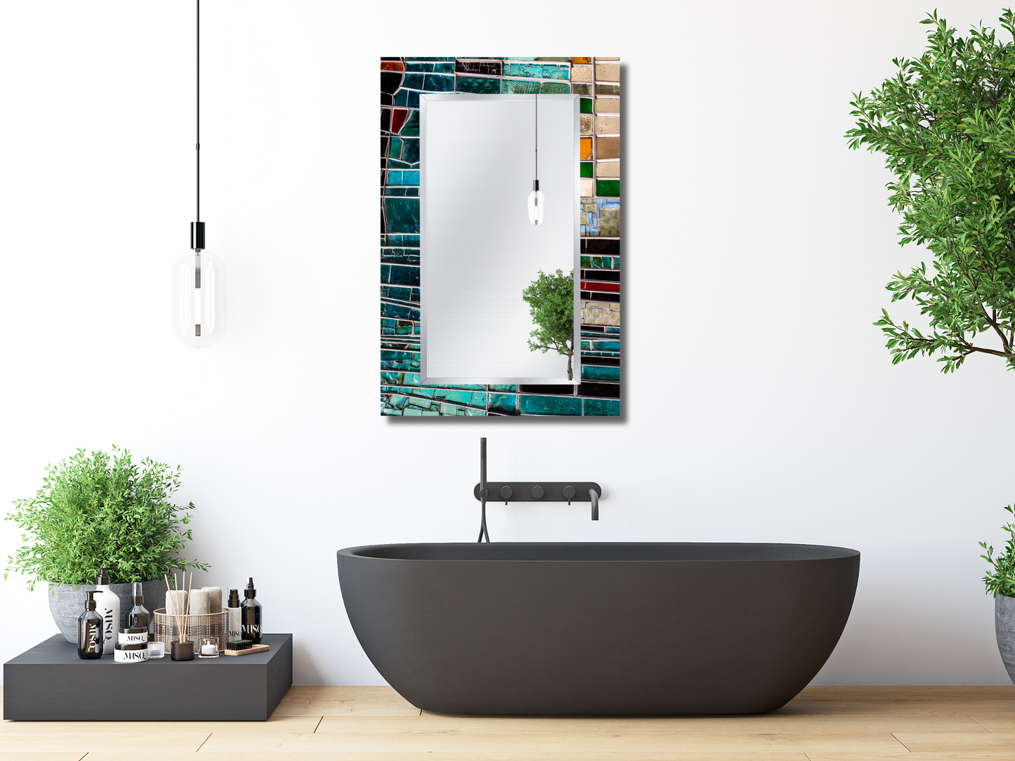 Renkli Vitray Desenli Ayna - Modern Tasarım Boy Aynası - Banyo Aynası - Çerçevesiz Ayna