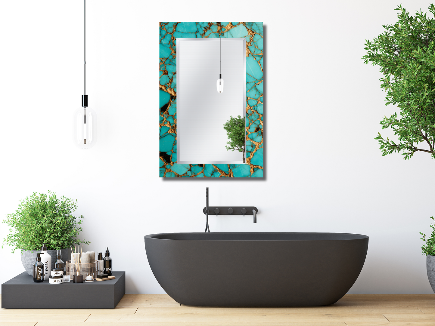 Dekoratif Turkuaz Mermer Desenli Ayna - Modern Tasarım Ayna - Banyo Aynası - Minimalist Boy Aynası