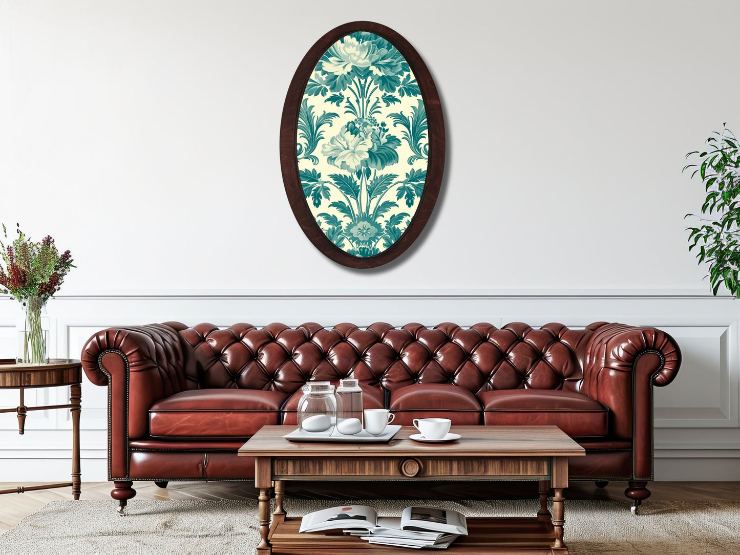 Vintage Güllü Çiçek Deseni Ahşap Tablo – Klasik Oval Duvar Dekoru - Dekoratif Duvar Tablosu