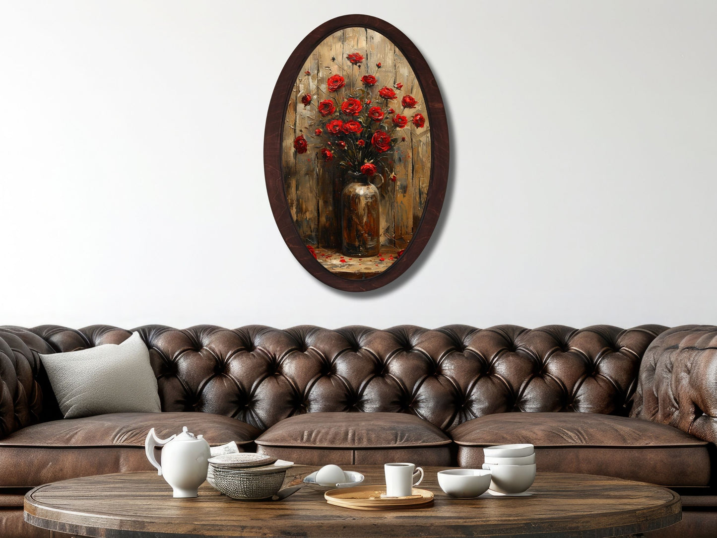 Rustik Ahşap Gül Tablosu - Vintage Oval Duvar Tablosu - Ev Ofis Dekoru