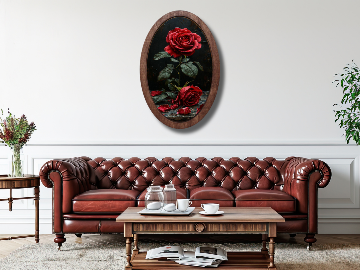 Vintage Kırmızı Gül Ahşap Tablo – Klasik Stil Oval Duvar Dekoru