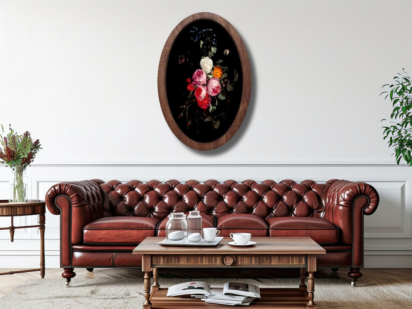 Vintage Çiçek Ahşap Tablo – Barok&Klasik Stil Oval Duvar Dekoru