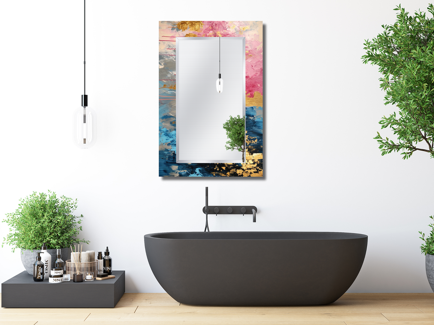 Dekoratif Renkli Mermer Desenli Ayna - Modern Tasarım Ayna - Banyo Aynası - Minimalist Boy Aynası