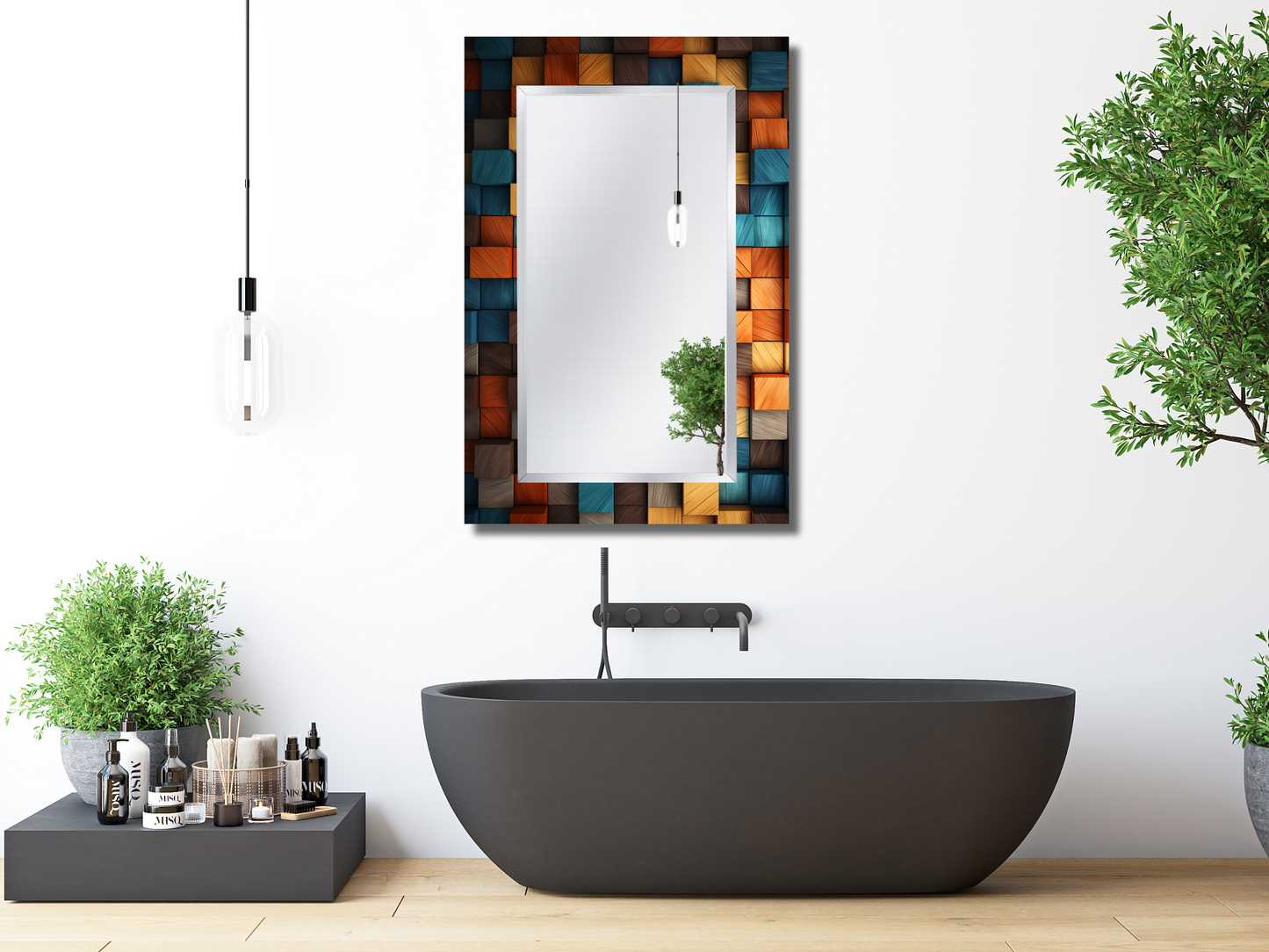 Renkli Desenli Ayna - Ahşap Görünümlü 3D Tasarım Ayna - Banyo Aynası - Antre&Hol Aynası