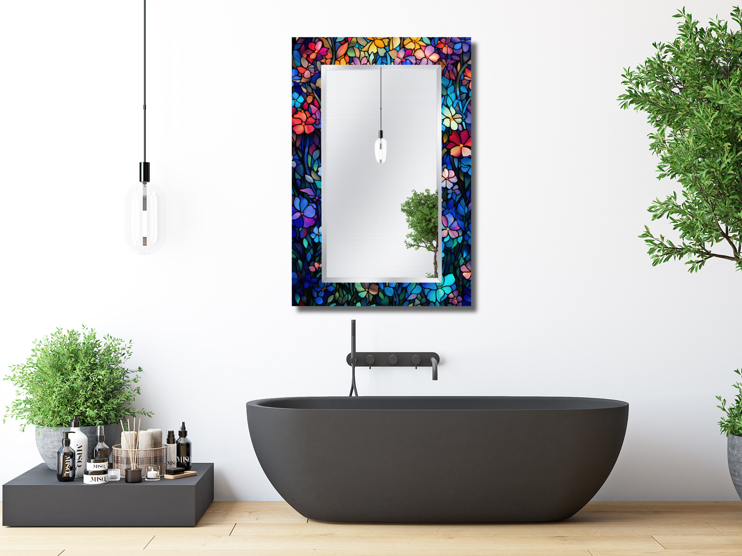 Çiçek Vitray Desenli Ayna - Modern Dekoratif Ayna - Boy Aynası - Banyo Aynası - Ev Duvar Dekorasyonu