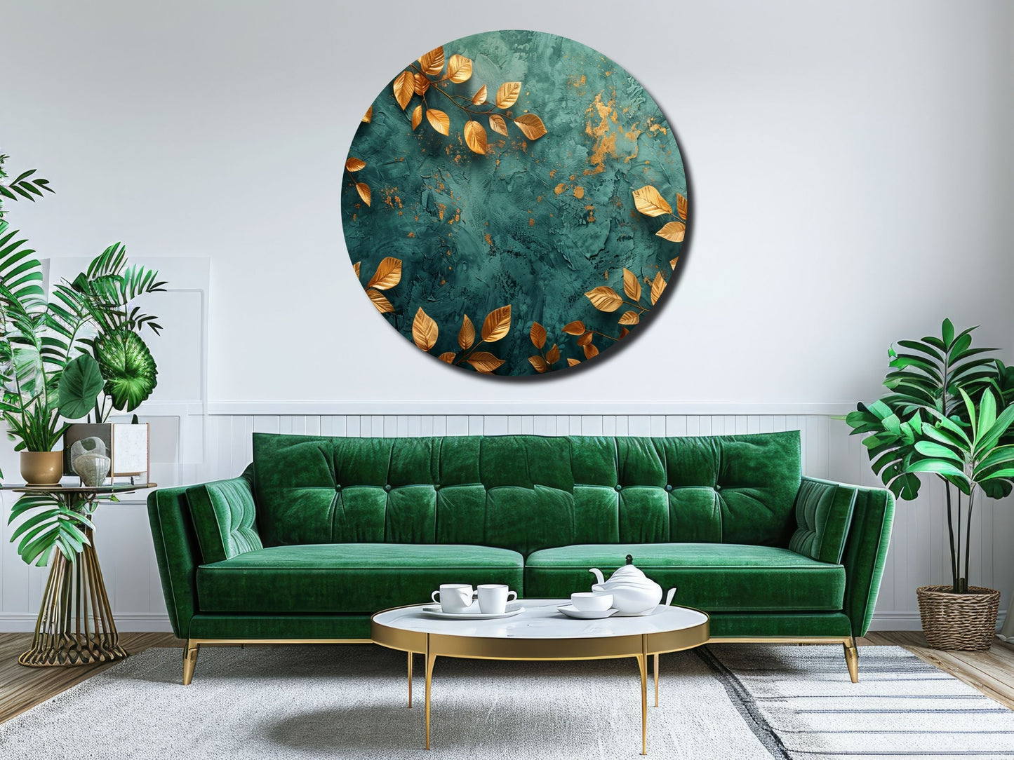 Gold Detaylı Yeşil Cam Tablo –  Mermer Dokulu Modern Yuvarlak Tablo