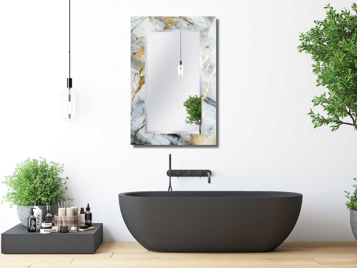 Dekoratif Mermer Desenli Ayna - Modern Tasarım Ayna - Banyo Aynası - Minimalist Boy Aynası
