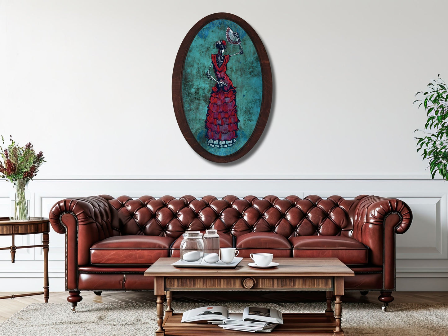 İskelet Kadın Gotik Stil Ahşap Tablo – Meksika Esintili Oval Duvar Dekoru - Vintage Ev Ofis Dekoru