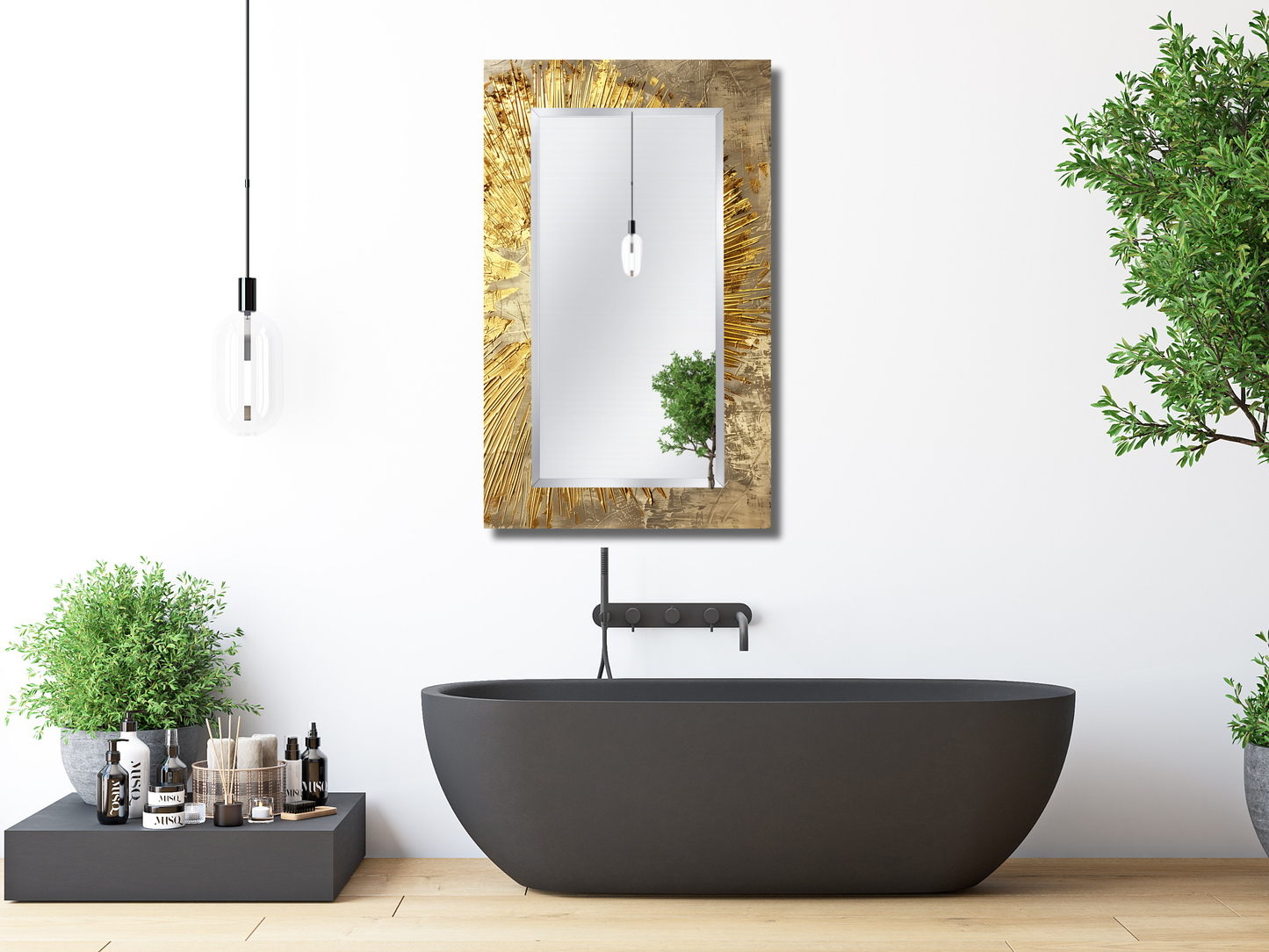 Gold Desenli Ayna - Modern Tasarım Ayna - Banyo Aynası - Makyaj Masası Aynası - Lüx Boy Aynası - Antre&Hol Aynası